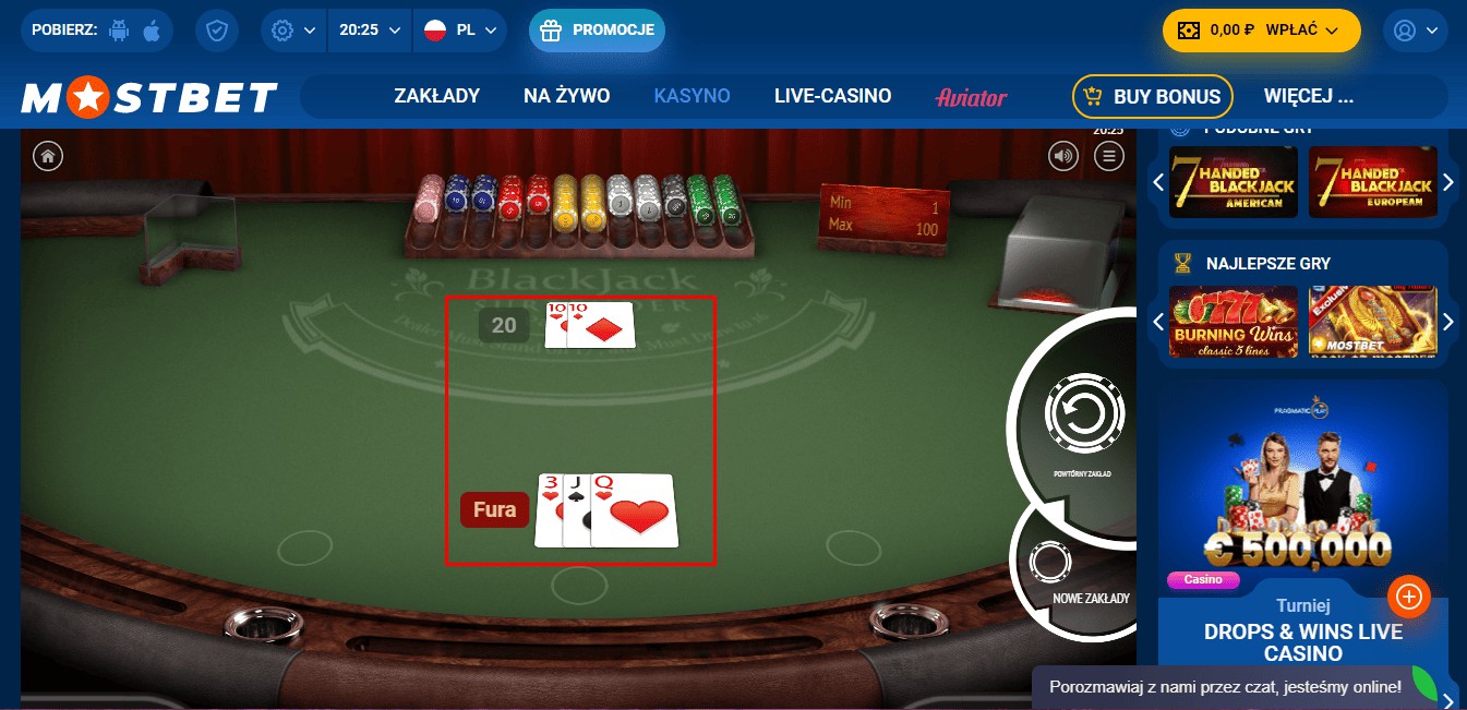asortyment blackjacka w kasynie
